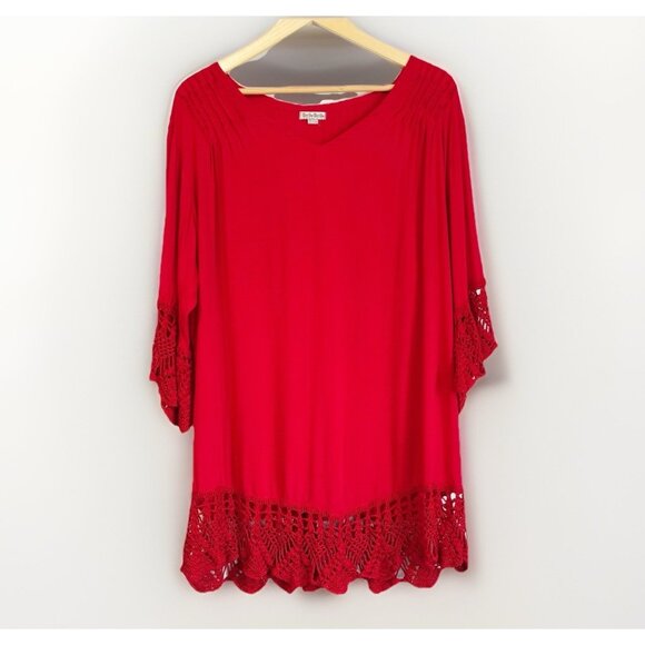Baik Baik Honolulu Red Crochet Tunic Top Size Large 3/4 Flare Sleeves Boho - Picture 1 of 9